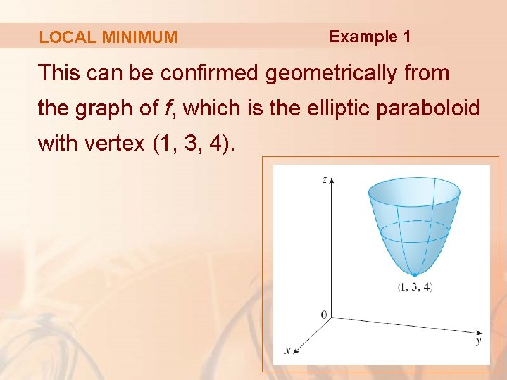 LOCAL MINIMUM Example 1 This can be confirmed geometrically from the graph of f,