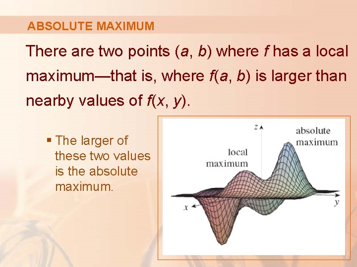 ABSOLUTE MAXIMUM There are two points (a, b) where f has a local maximum—that