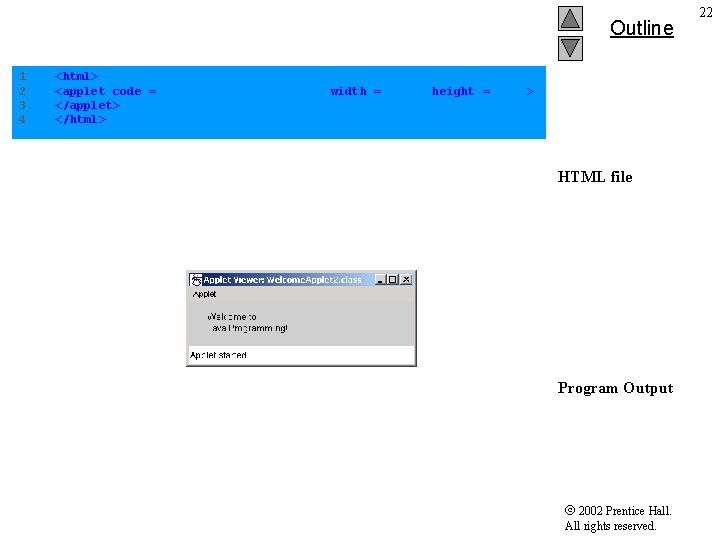 Outline 1 2 3 4 <html> <applet code = "Welcome. Applet 2. class" width
