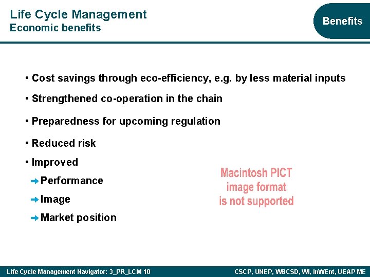 Life Cycle Management Economic benefits Benefits • Cost savings through eco-efficiency, e. g. by