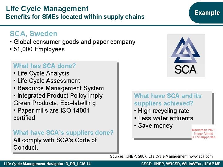 Life Cycle Management Benefits for SMEs located within supply chains Example SCA, Sweden •