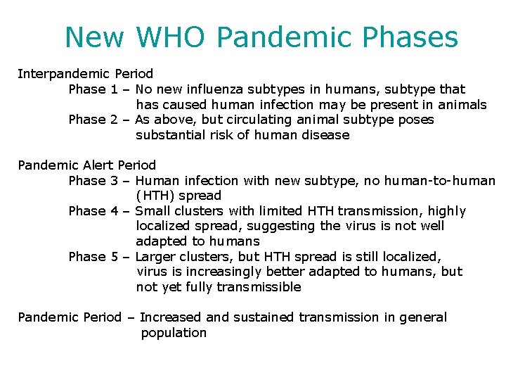 New WHO Pandemic Phases Interpandemic Period Phase 1 – No new influenza subtypes in