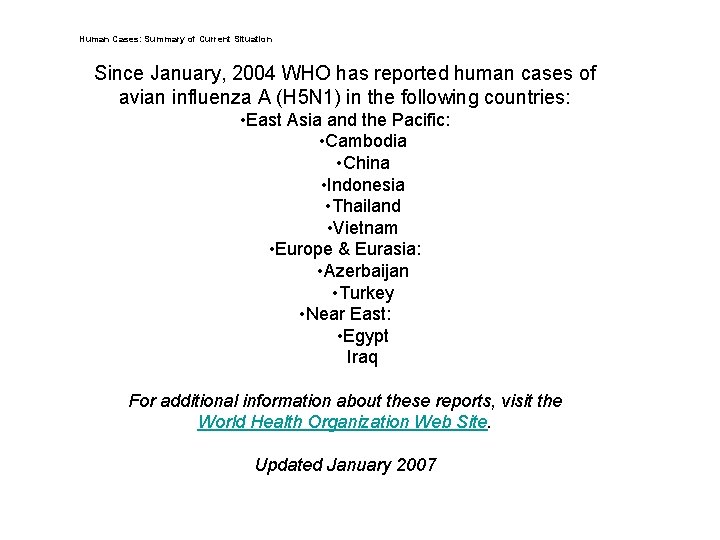 Human Cases: Summary of Current Situation Since January, 2004 WHO has reported human cases