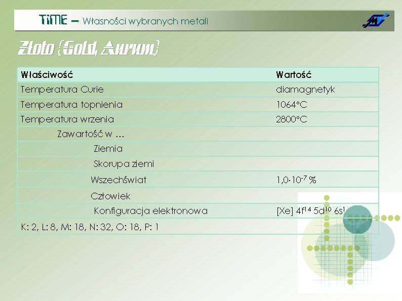 Ti. ME – Własności wybranych metali Złoto (Gold, Aurum) Właściwość Wartość Temperatura Curie diamagnetyk