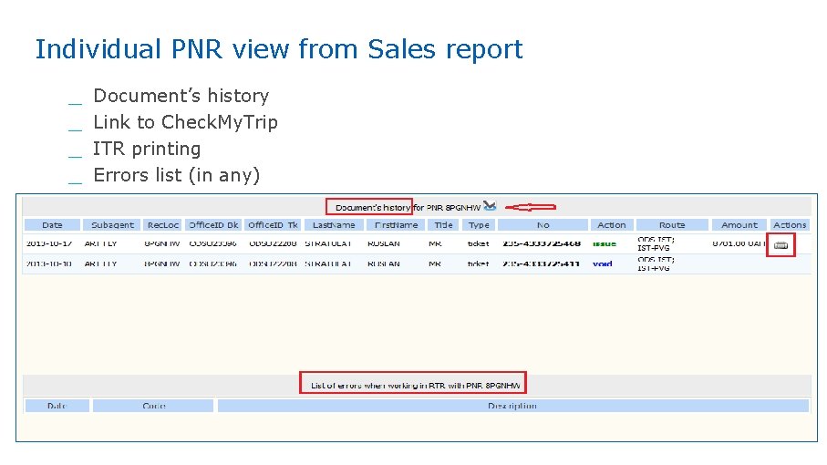 Individual PNR view from Sales report Document’s history Link to Check. My. Trip ITR