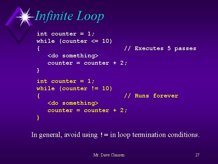 Infinite Loop int counter = 1; while (counter <= 10) { // Executes 5