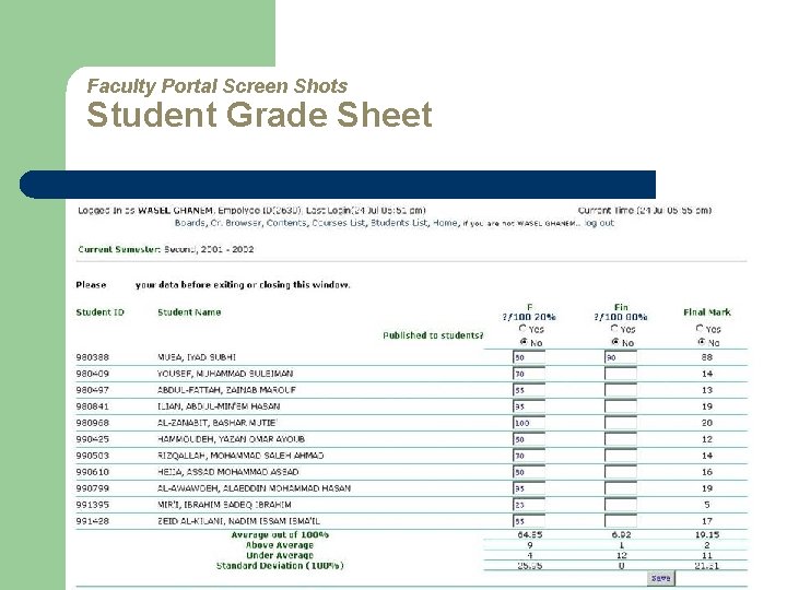 Faculty Portal Screen Shots Student Grade Sheet 