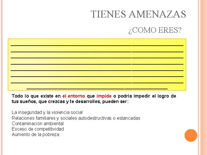 TIENES AMENAZAS ¿COMO ERES? ____________________________________________________________ ____________________________________________________________ _________________________ Todo lo que existe en el entorno