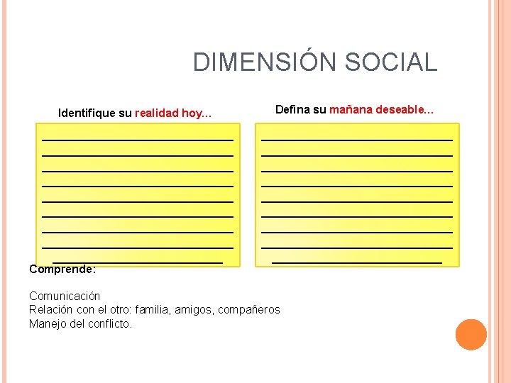 DIMENSIÓN SOCIAL Identifique su realidad hoy… Defina su mañana deseable… ___________________________ ___________________________ ___________________________ ___________________________