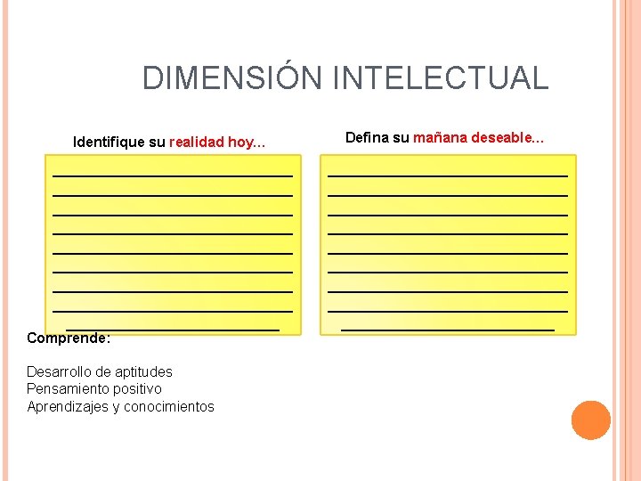 DIMENSIÓN INTELECTUAL Identifique su realidad hoy… Defina su mañana deseable… ___________________________ ___________________________ ___________________________ ___________________________