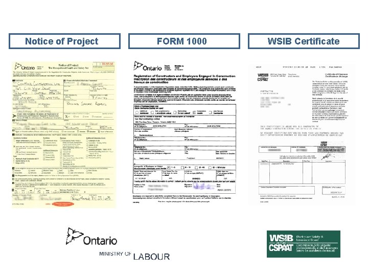 Notice of Project FORM 1000 WSIB Certificate 