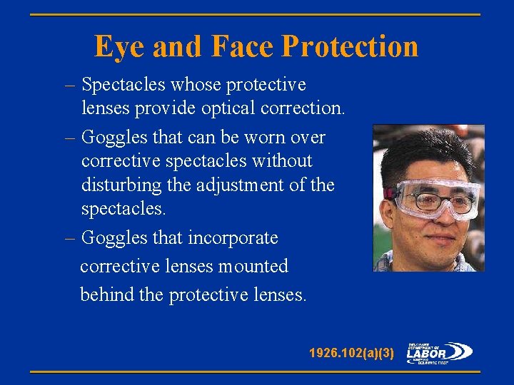 Eye and Face Protection – Spectacles whose protective lenses provide optical correction. – Goggles