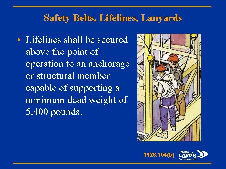 Safety Belts, Lifelines, Lanyards • Lifelines shall be secured above the point of operation