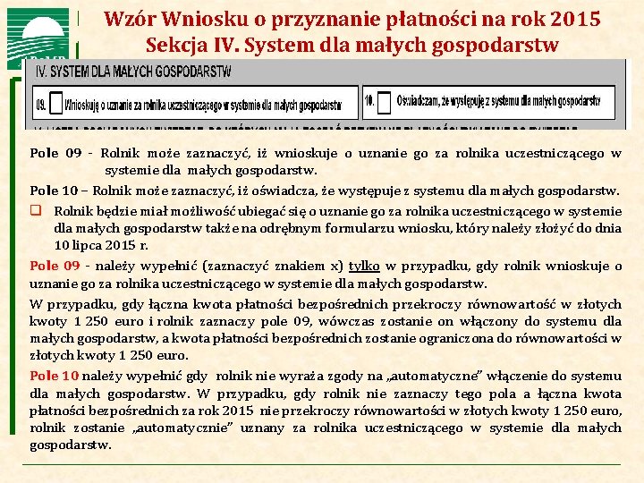 Wzór Wniosku o przyznanie płatności na rok 2015 Agencja Restrukturyzacji i Modernizacji Rolnictwa Sekcja