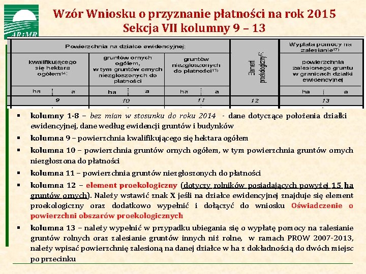 Agencja Restrukturyzacji i Modernizacji Rolnictwa Wzór Wniosku o przyznanie płatności na rok 2015 Sekcja