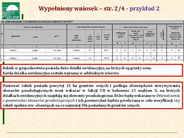 Agencja Restrukturyzacji i Modernizacji Rolnictwa Wypełniony wniosek – str. 2/4 - przykład 2 Rolnik