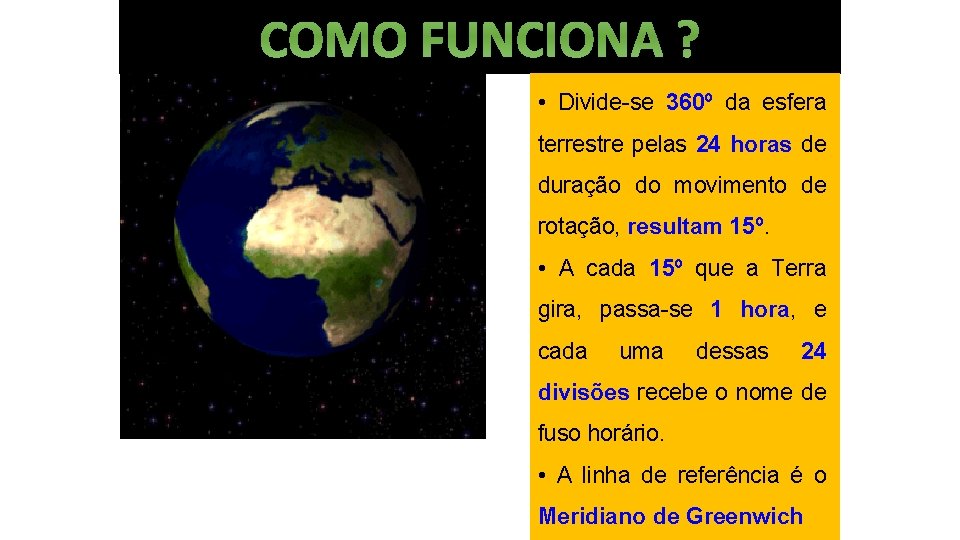 COMO FUNCIONA ? • Divide-se 360º da esfera terrestre pelas 24 horas de duração