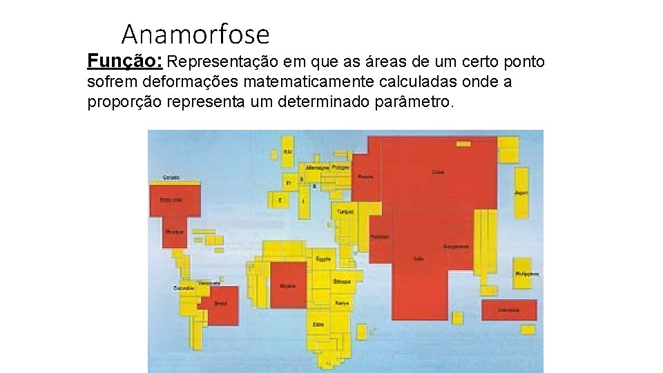 Anamorfose Função: Representação em que as áreas de um certo ponto sofrem deformações matematicamente