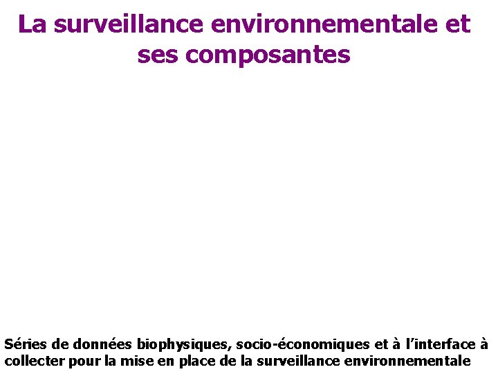 La surveillance environnementale et ses composantes Séries de données biophysiques, socio-économiques et à l’interface