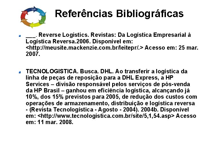 Referências Bibliográficas ___. Reverse Logistics. Revistas: Da Logística Empresarial à Logística Reversa. 2006. Disponível