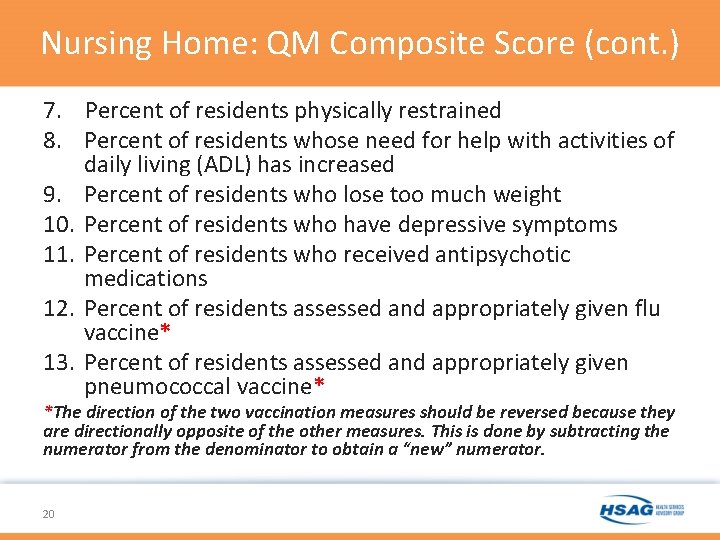 Nursing Home: QM Composite Score (cont. ) 7. Percent of residents physically restrained 8. Nursing Home: QM Composite Score (cont. ) 7. Percent of residents physically restrained 8.