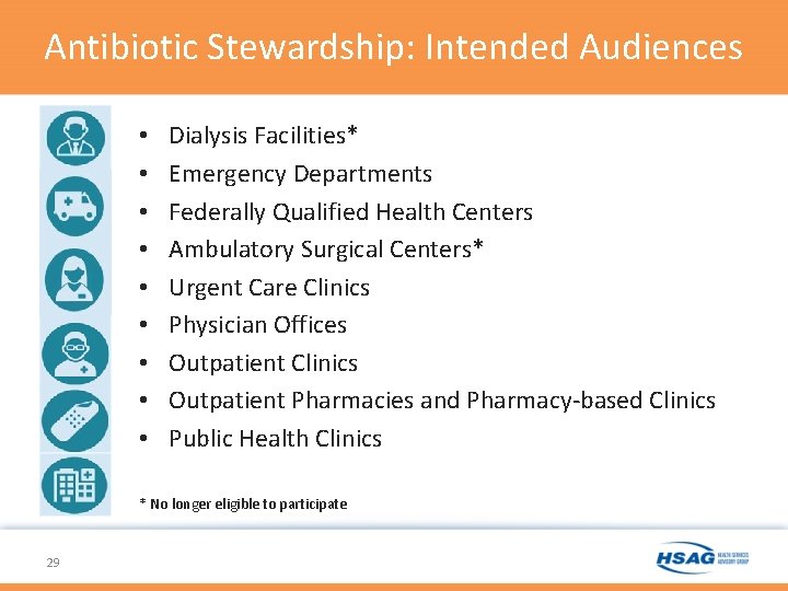 Antibiotic Stewardship: Intended Audiences • • • Dialysis Facilities* Emergency Departments Federally Qualified Health Antibiotic Stewardship: Intended Audiences • • • Dialysis Facilities* Emergency Departments Federally Qualified Health