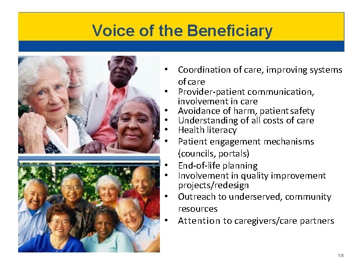 Voice of the Beneficiary • Coordination of care, improving systems of care • Provider-patient Voice of the Beneficiary • Coordination of care, improving systems of care • Provider-patient