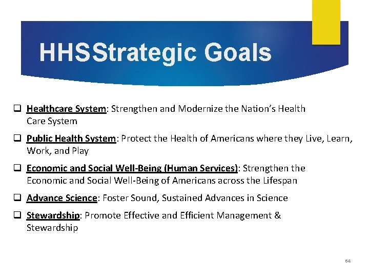 HHSStrategic Goals q Healthcare System: Strengthen and Modernize the Nation’s Health Care System q HHSStrategic Goals q Healthcare System: Strengthen and Modernize the Nation’s Health Care System q