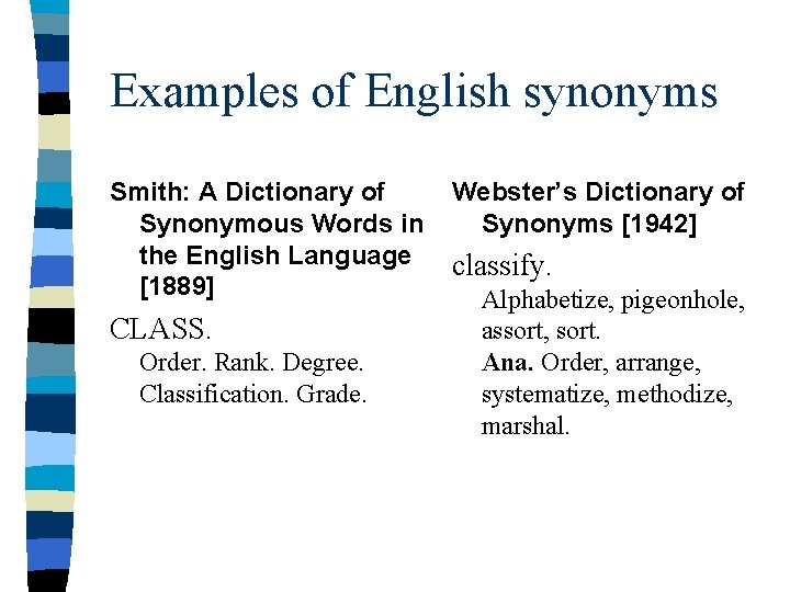 Examples of English synonyms Smith: A Dictionary of Synonymous Words in the English Language