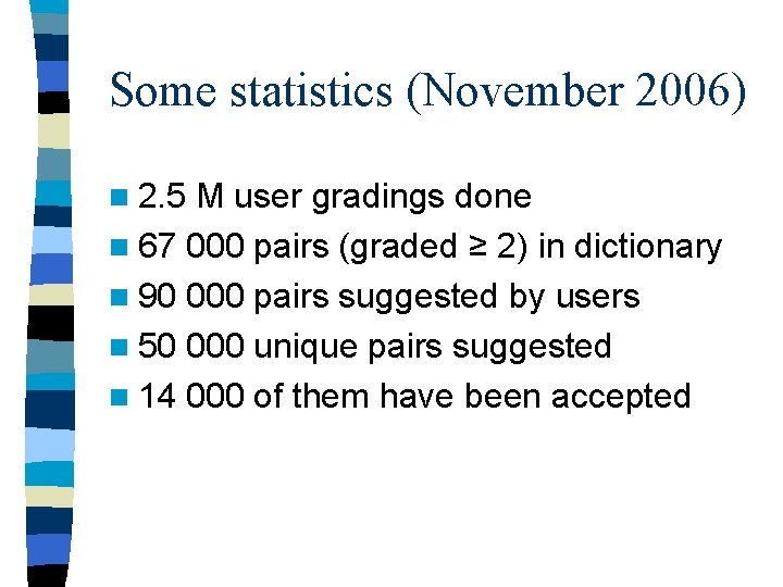 Some statistics (November 2006) n 2. 5 M user gradings done n 67 000