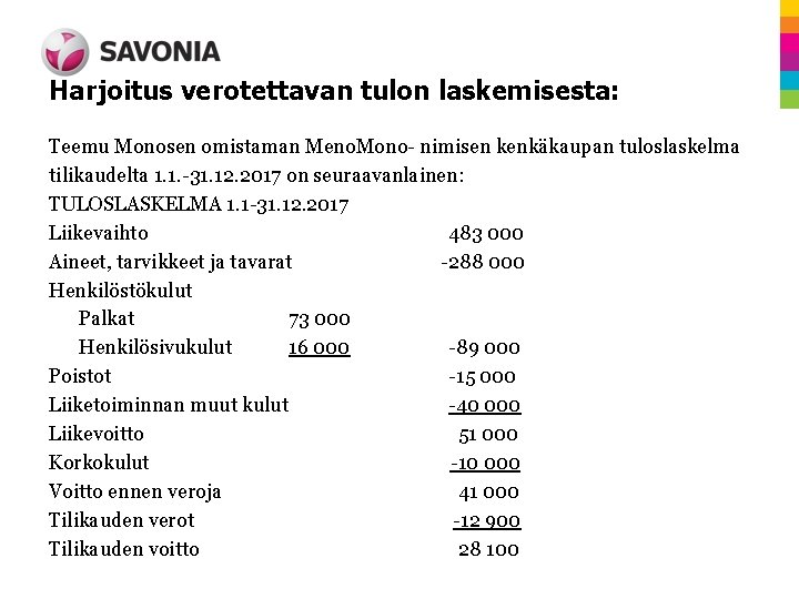 Harjoitus verotettavan tulon laskemisesta: Teemu Monosen omistaman Meno. Mono- nimisen kenkäkaupan tuloslaskelma tilikaudelta 1.