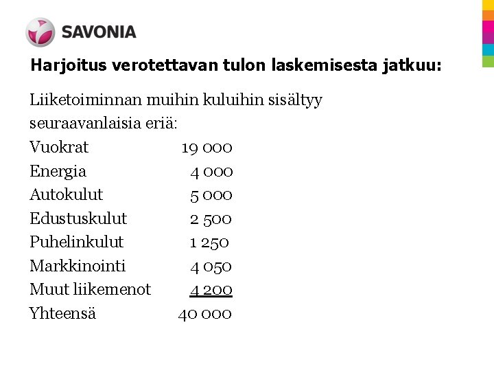 Harjoitus verotettavan tulon laskemisesta jatkuu: Liiketoiminnan muihin kuluihin sisältyy seuraavanlaisia eriä: Vuokrat 19 000