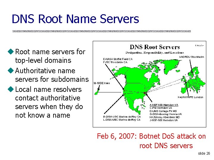 DNS Root Name Servers u Root name servers for top-level domains u Authoritative name