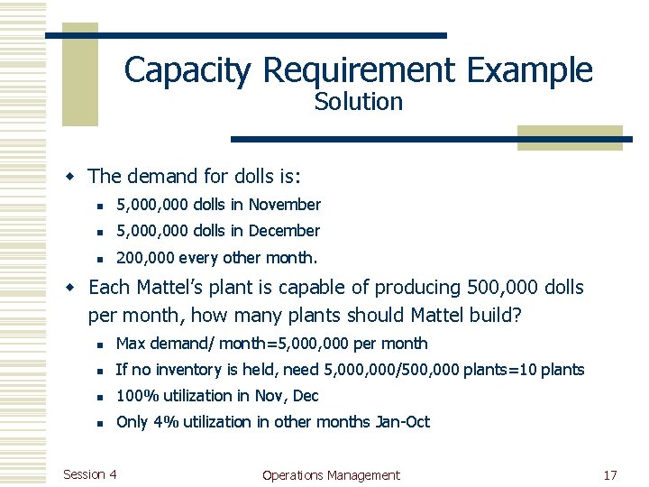 Capacity Requirement Example Solution w The demand for dolls is: n 5, 000 dolls