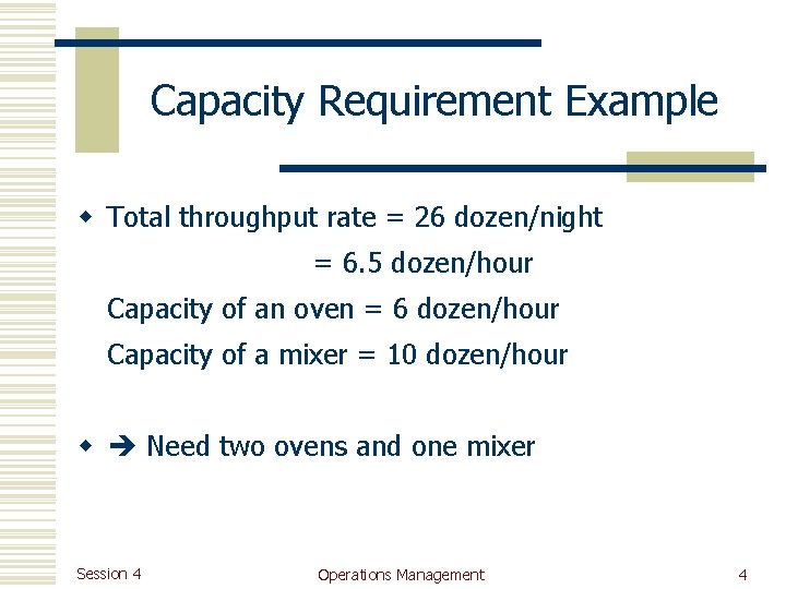 Capacity Requirement Example w Total throughput rate = 26 dozen/night = 6. 5 dozen/hour