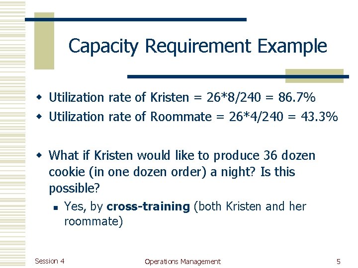 Capacity Requirement Example w Utilization rate of Kristen = 26*8/240 = 86. 7% w