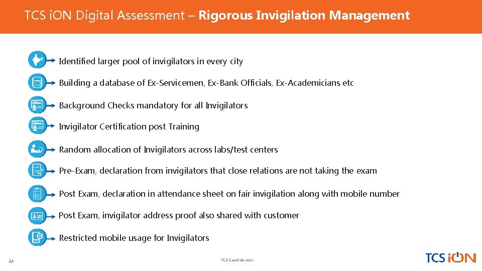 TCS i. ON Digital Assessment – Rigorous Invigilation Management Identified larger pool of invigilators TCS i. ON Digital Assessment – Rigorous Invigilation Management Identified larger pool of invigilators