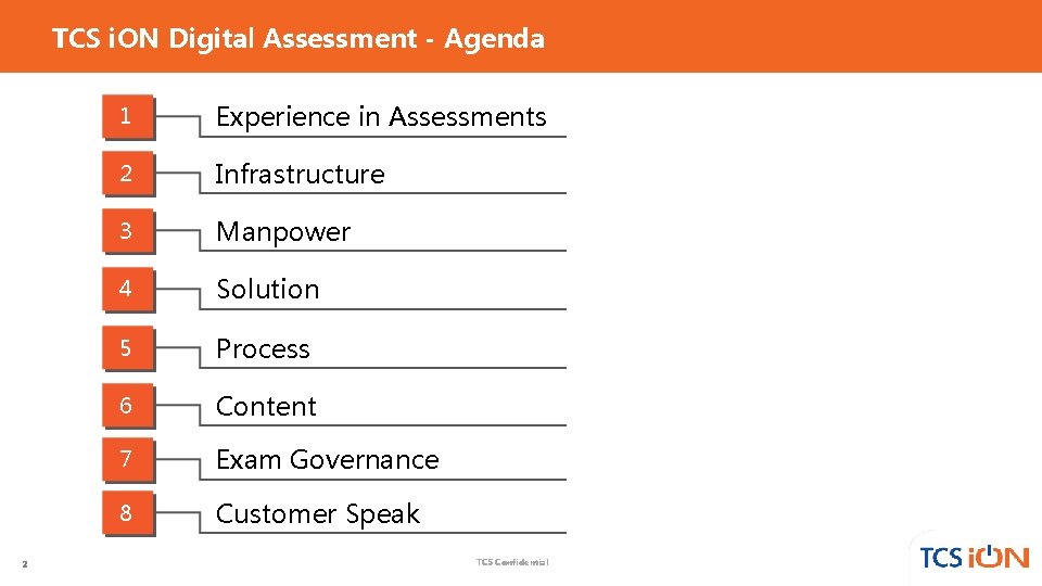 TCS i. ON Digital Assessment - Agenda 2 1 Experience in Assessments 2 Infrastructure TCS i. ON Digital Assessment - Agenda 2 1 Experience in Assessments 2 Infrastructure