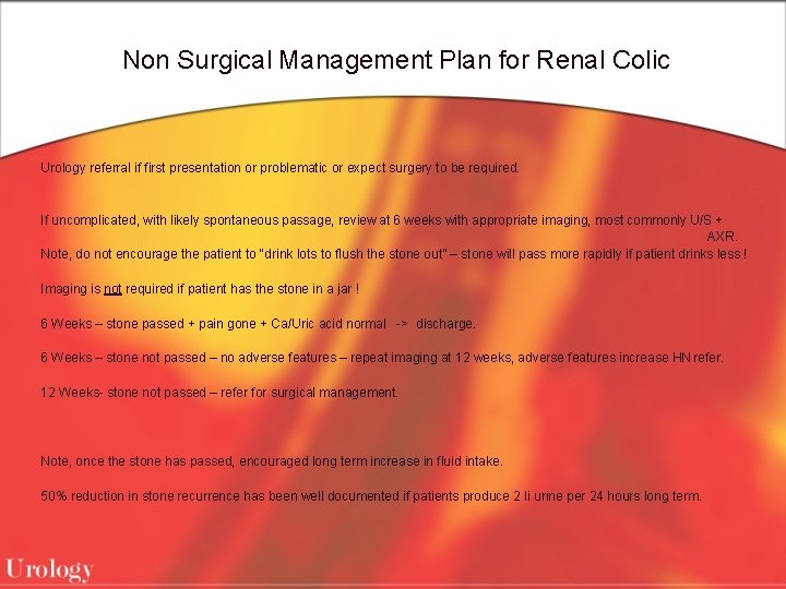 Non Surgical Management Plan for Renal Colic Urology referral if first presentation or problematic