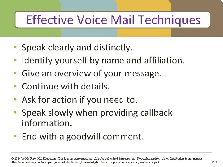 Effective Voice Mail Techniques Speak clearly and distinctly. Identify yourself by name and affiliation.