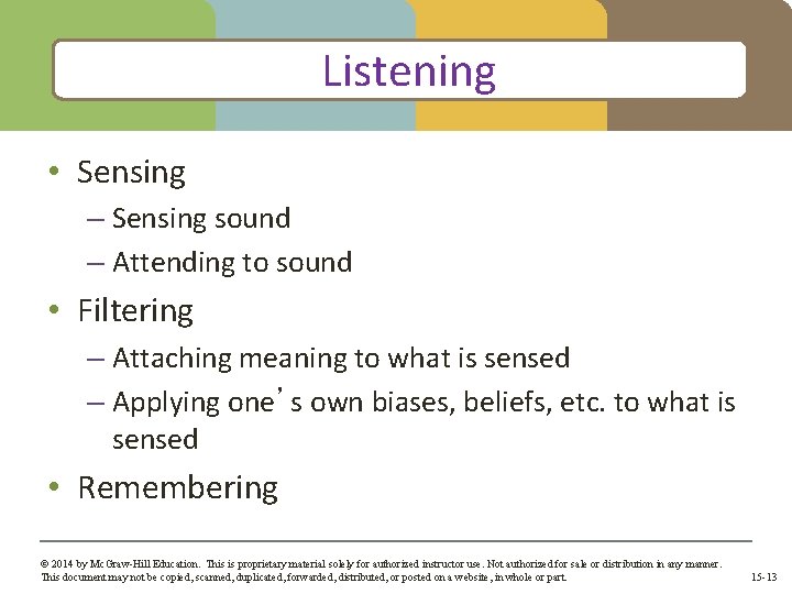 Listening • Sensing – Sensing sound – Attending to sound • Filtering – Attaching