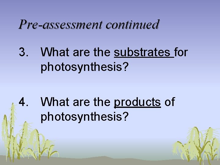 Pre-assessment continued 3. What are the substrates for photosynthesis? 4. What are the products