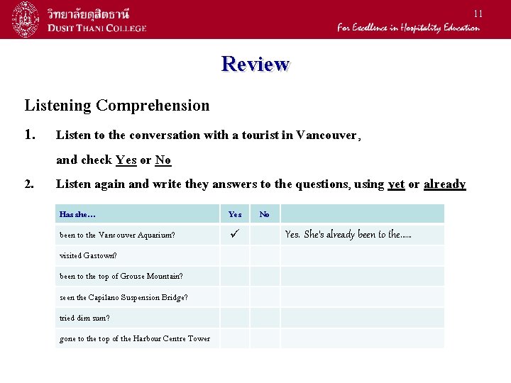 11 Listening Comprehension Review 1. Listen to the conversation with a tourist in Vancouver, 11 Listening Comprehension Review 1. Listen to the conversation with a tourist in Vancouver,