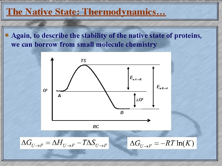 The Native State: Thermodynamics… Again, to describe the stability of the native state of