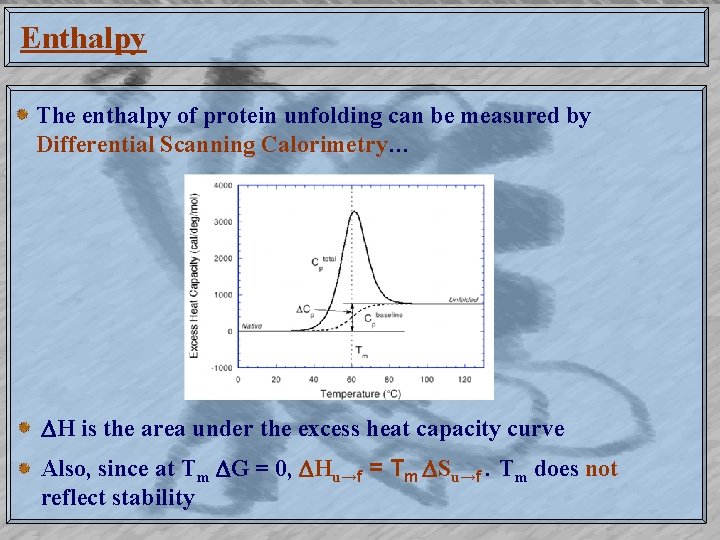 Enthalpy The enthalpy of protein unfolding can be measured by Differential Scanning Calorimetry… H