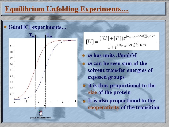 Equilibrium Unfolding Experiments… Gdm. HCl experiments… Tm Tm m has units J/mol/M m can
