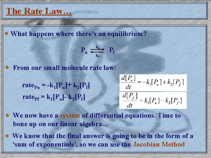 The Rate Law… What happens where there’s an equilibrium? Pu k 1 k 2