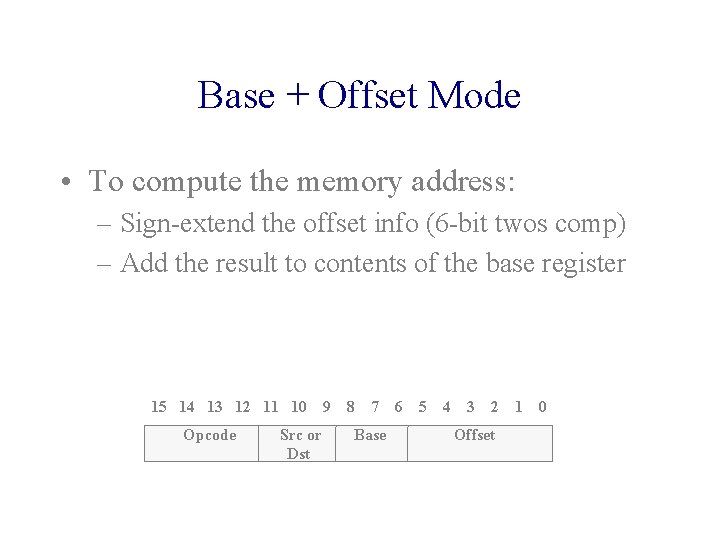 Base + Offset Mode • To compute the memory address: – Sign-extend the offset