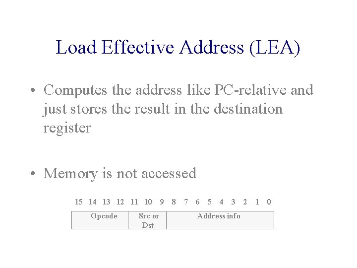 Load Effective Address (LEA) • Computes the address like PC-relative and just stores the