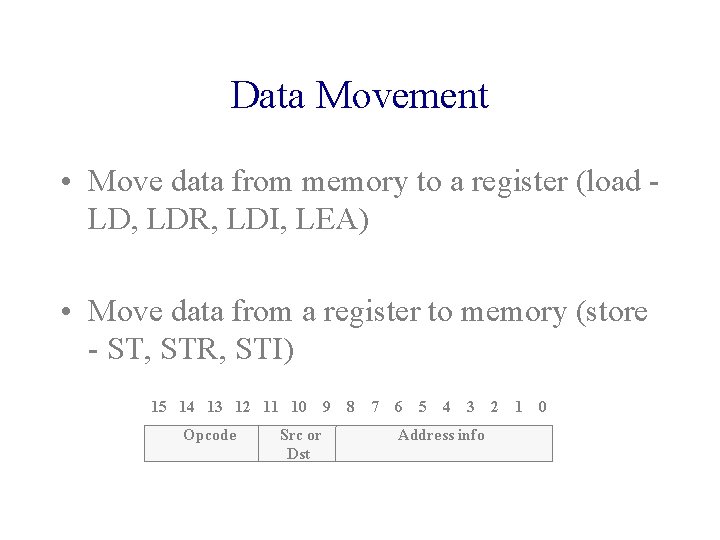 Data Movement • Move data from memory to a register (load LD, LDR, LDI,